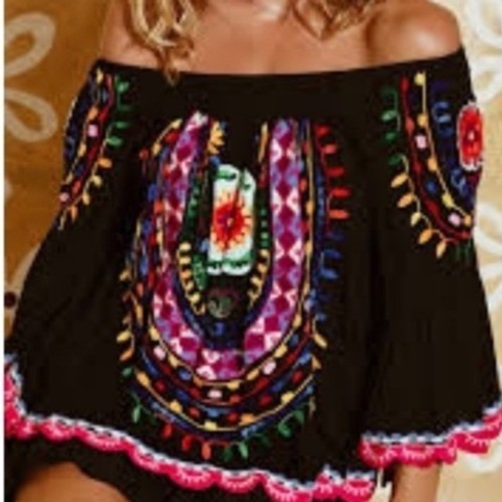 Ruby Yaya Black Embroidered Top Womens Small Boho Festival Artsy Gypsy Whimsical - Picture 11 of 11